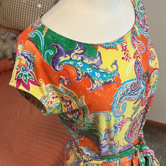 LAUREN RALPH LAUREN Multicolor Paisley Knit‎ Belted Sheath Dress size Medium - Picture 8 of 13